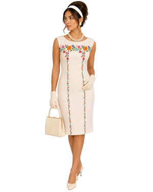 Vintage Melvine of Miami White Floral Sheath Dress Pearl Shoulder Vintage 60s 70